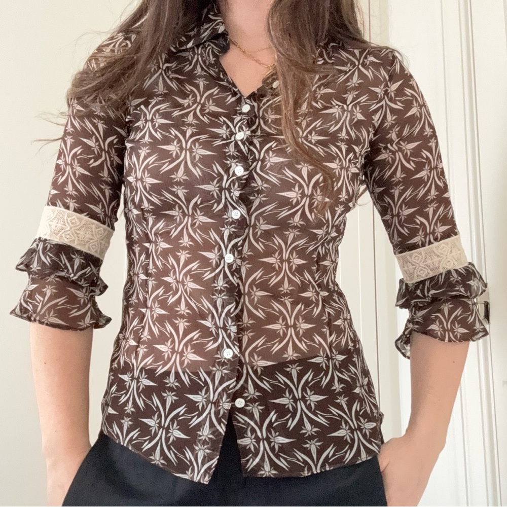 Allegra Hicks Black & White Sheer Button-Down Blouse – Lace Detail, Size 6